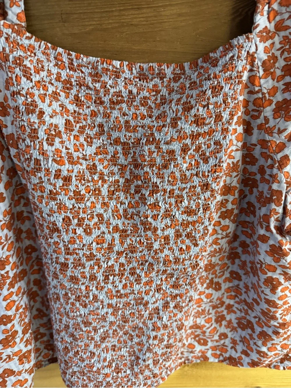 Madewell Light Blue and Rust Floral Puff-Sleeve Square-Neck Top